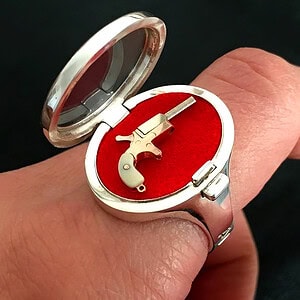 Silver Locket Ring with Derringer Miniature Gun