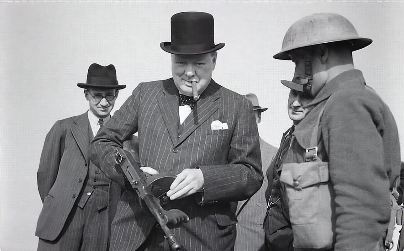 Winston Churchill with a Tommy Gun