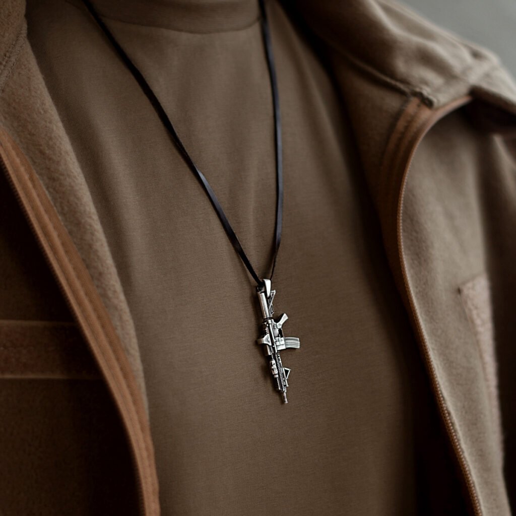 Close-up of a silver HK416 rifle pendant worn on a dark cord over a tan tactical-style fleece jacket.